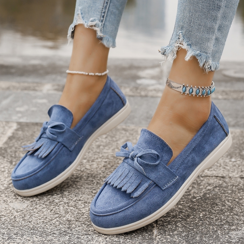 Blue Flat Loafers for Women With Bow Detail